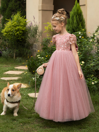 Robe Col Rond en Tulle pour Petite Fille d'Honneur avec Appliques et Nœud en Satin