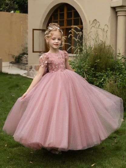 Robe Col Rond en Tulle pour Petite Fille d'Honneur avec Appliques et Nœud en Satin