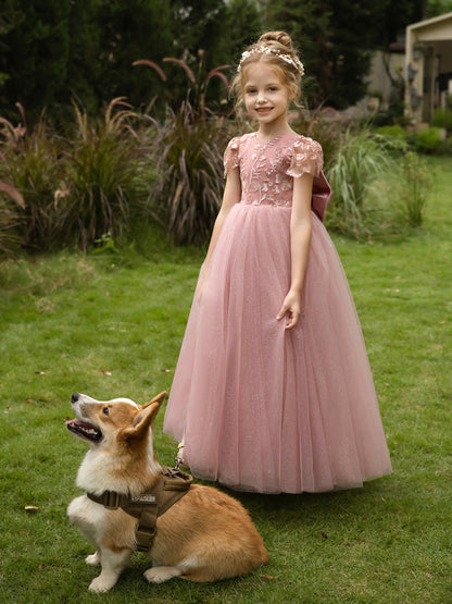 Robe Col Rond en Tulle pour Petite Fille d'Honneur avec Appliques et Nœud en Satin