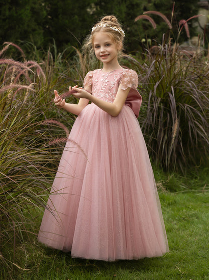 Robe Col Rond en Tulle pour Petite Fille d'Honneur avec Appliques et Nœud en Satin