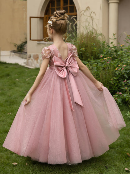 Robe Col Rond en Tulle pour Petite Fille d'Honneur avec Appliques et Nœud en Satin
