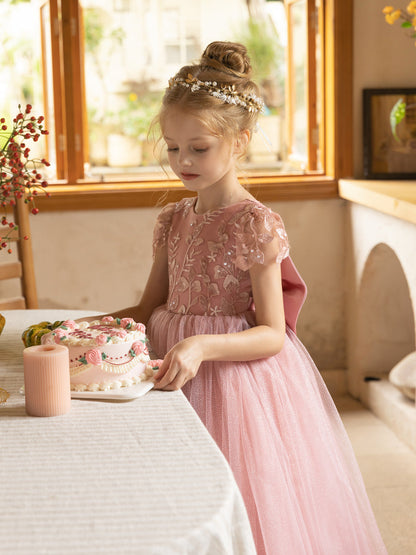 Robe Col Rond en Tulle pour Petite Fille d'Honneur avec Appliques et Nœud en Satin