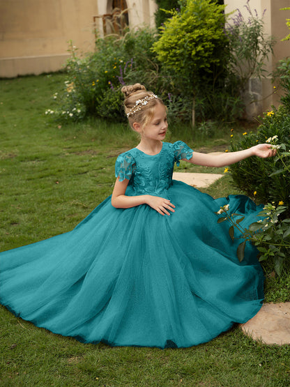 Robe Col Rond en Tulle pour Petite Fille d'Honneur avec Appliques et Nœud en Satin