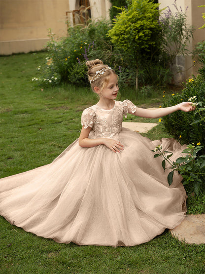 Robe Col Rond en Tulle pour Petite Fille d'Honneur avec Appliques et Nœud en Satin