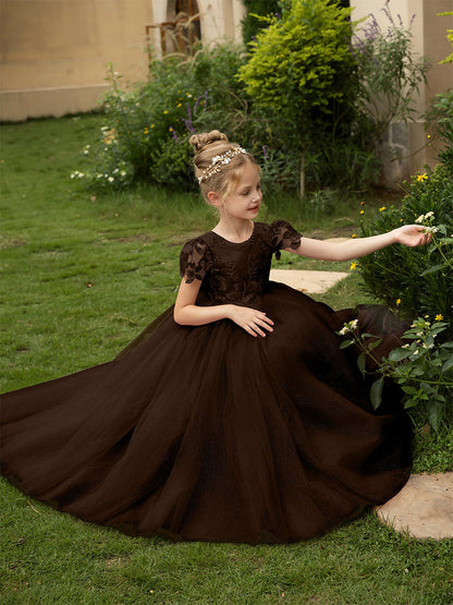 Robe Col Rond en Tulle pour Petite Fille d'Honneur avec Appliques et Nœud en Satin