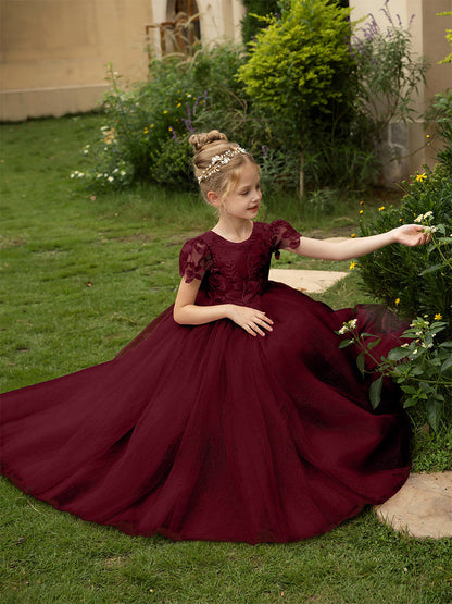 Robe Col Rond en Tulle pour Petite Fille d'Honneur avec Appliques et Nœud en Satin