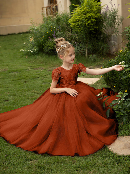 Robe Col Rond en Tulle pour Petite Fille d'Honneur avec Appliques et Nœud en Satin