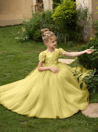 Robe Col Rond en Tulle pour Petite Fille d'Honneur avec Appliques et Nœud en Satin