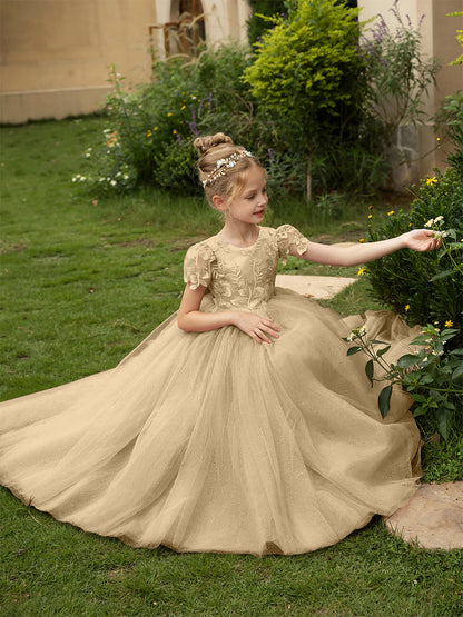 Robe Col Rond en Tulle pour Petite Fille d'Honneur avec Appliques et Nœud en Satin
