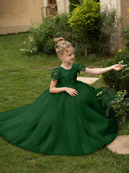 Robe Col Rond en Tulle pour Petite Fille d'Honneur avec Appliques et Nœud en Satin