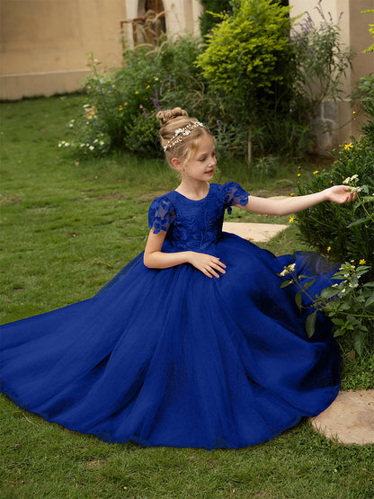 Robe Col Rond en Tulle pour Petite Fille d'Honneur avec Appliques et Nœud en Satin