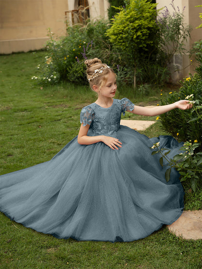 Robe Col Rond en Tulle pour Petite Fille d'Honneur avec Appliques et Nœud en Satin