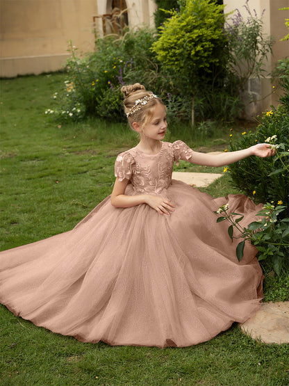 Robe Col Rond en Tulle pour Petite Fille d'Honneur avec Appliques et Nœud en Satin