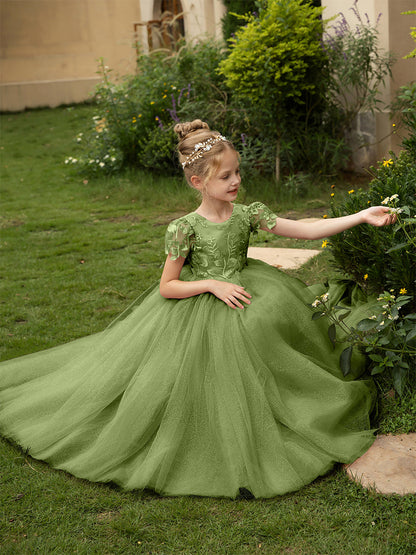 Robe Col Rond en Tulle pour Petite Fille d'Honneur avec Appliques et Nœud en Satin