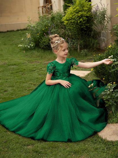 Robe Col Rond en Tulle pour Petite Fille d'Honneur avec Appliques et Nœud en Satin
