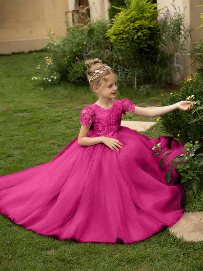 Robe Col Rond en Tulle pour Petite Fille d'Honneur avec Appliques et Nœud en Satin