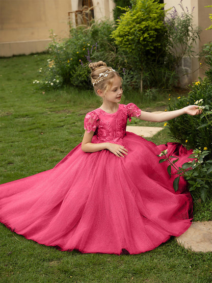 Robe Col Rond en Tulle pour Petite Fille d'Honneur avec Appliques et Nœud en Satin
