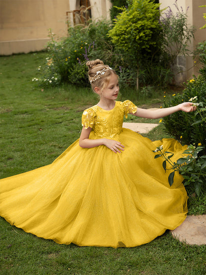 Robe Col Rond en Tulle pour Petite Fille d'Honneur avec Appliques et Nœud en Satin