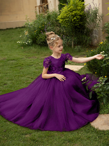 Robe Col Rond en Tulle pour Petite Fille d'Honneur avec Appliques et Nœud en Satin