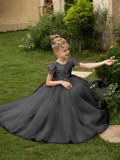 Robe Col Rond en Tulle pour Petite Fille d'Honneur avec Appliques et Nœud en Satin