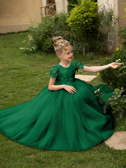 Robe Col Rond en Tulle pour Petite Fille d'Honneur avec Appliques et Nœud en Satin