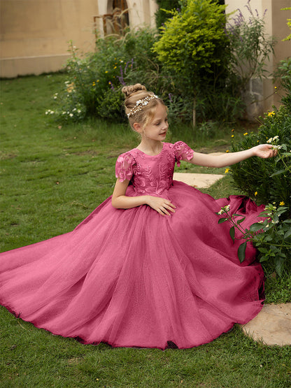 Robe Col Rond en Tulle pour Petite Fille d'Honneur avec Appliques et Nœud en Satin
