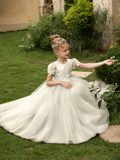 Robe Col Rond en Tulle pour Petite Fille d'Honneur avec Appliques et Nœud en Satin