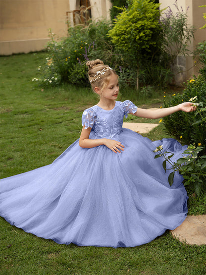 Robe Col Rond en Tulle pour Petite Fille d'Honneur avec Appliques et Nœud en Satin