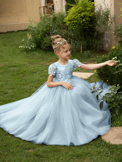 Robe Col Rond en Tulle pour Petite Fille d'Honneur avec Appliques et Nœud en Satin