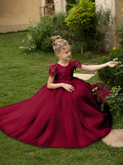 Robe Col Rond en Tulle pour Petite Fille d'Honneur avec Appliques et Nœud en Satin