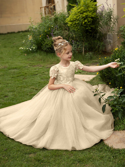 Robe Col Rond en Tulle pour Petite Fille d'Honneur avec Appliques et Nœud en Satin