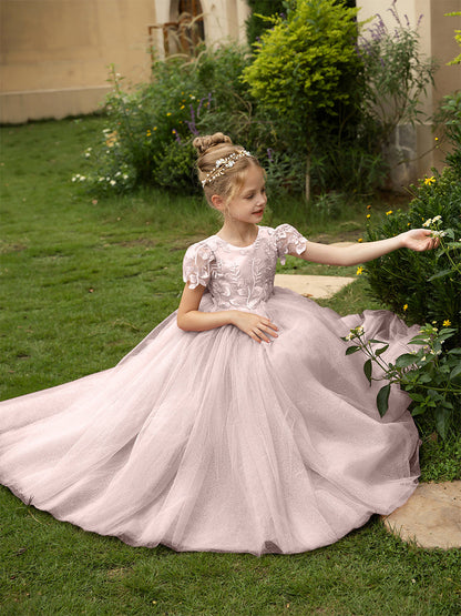 Robe Col Rond en Tulle pour Petite Fille d'Honneur avec Appliques et Nœud en Satin