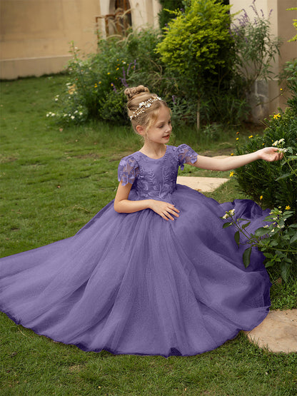 Robe Col Rond en Tulle pour Petite Fille d'Honneur avec Appliques et Nœud en Satin