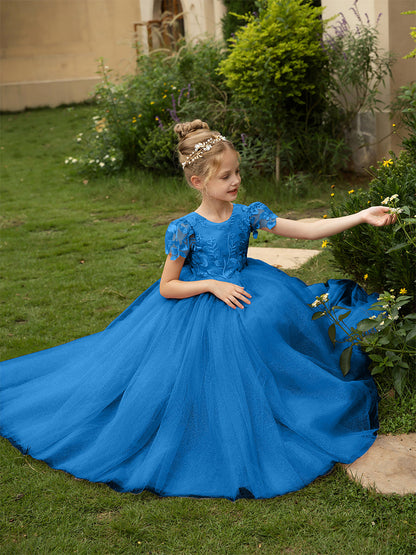 Robe Col Rond en Tulle pour Petite Fille d'Honneur avec Appliques et Nœud en Satin