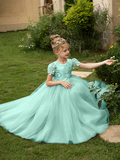 Robe Col Rond en Tulle pour Petite Fille d'Honneur avec Appliques et Nœud en Satin