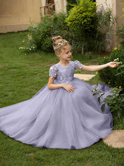 Robe Col Rond en Tulle pour Petite Fille d'Honneur avec Appliques et Nœud en Satin