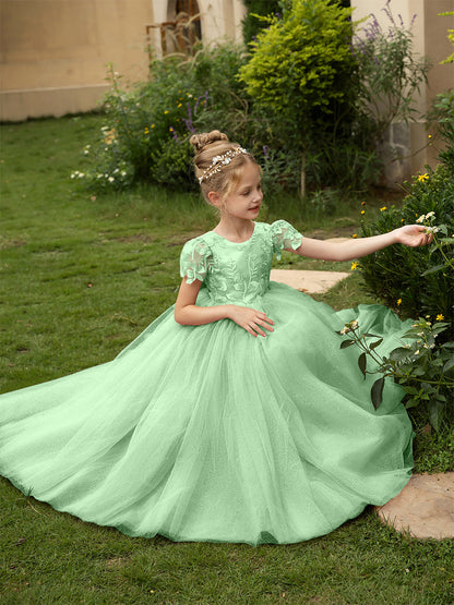 Robe Col Rond en Tulle pour Petite Fille d'Honneur avec Appliques et Nœud en Satin