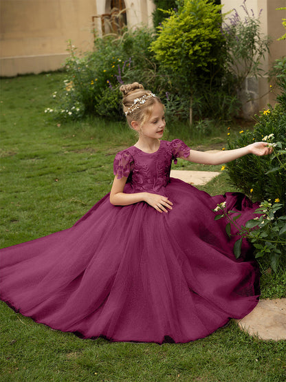 Robe Col Rond en Tulle pour Petite Fille d'Honneur avec Appliques et Nœud en Satin