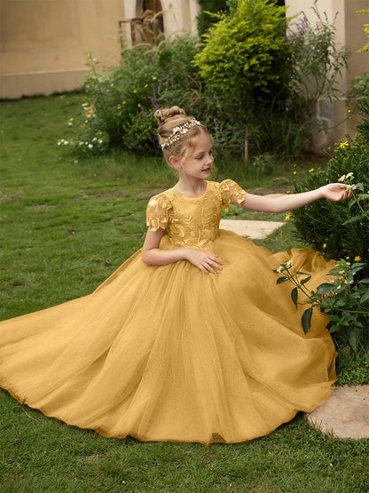 Robe Col Rond en Tulle pour Petite Fille d'Honneur avec Appliques et Nœud en Satin
