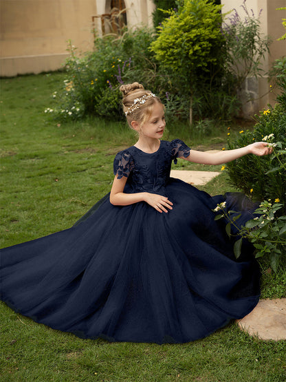 Robe Col Rond en Tulle pour Petite Fille d'Honneur avec Appliques et Nœud en Satin