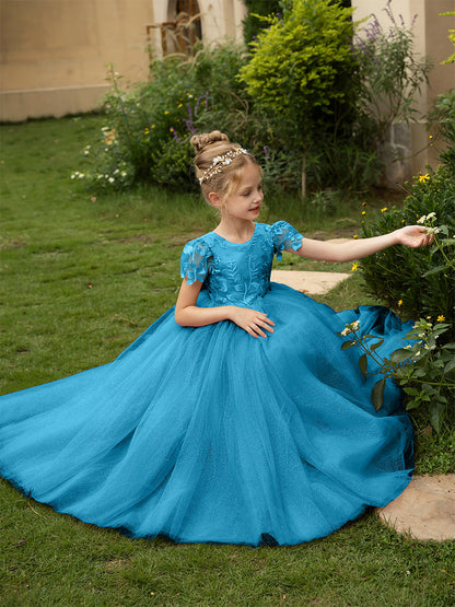 Robe Col Rond en Tulle pour Petite Fille d'Honneur avec Appliques et Nœud en Satin