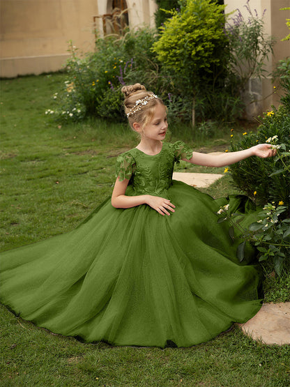 Robe Col Rond en Tulle pour Petite Fille d'Honneur avec Appliques et Nœud en Satin