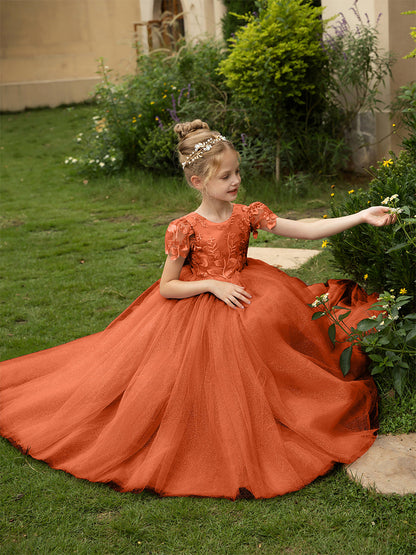 Robe Col Rond en Tulle pour Petite Fille d'Honneur avec Appliques et Nœud en Satin