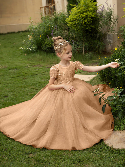 Robe Col Rond en Tulle pour Petite Fille d'Honneur avec Appliques et Nœud en Satin