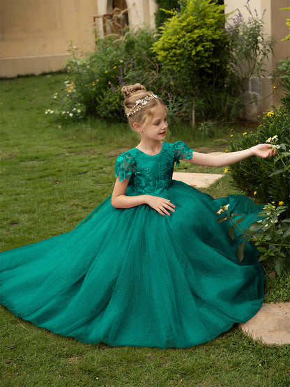 Robe Col Rond en Tulle pour Petite Fille d'Honneur avec Appliques et Nœud en Satin
