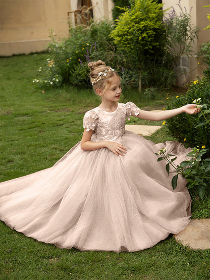 Robe Col Rond en Tulle pour Petite Fille d'Honneur avec Appliques et Nœud en Satin