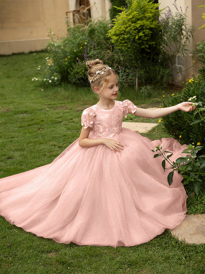 Robe Col Rond en Tulle pour Petite Fille d'Honneur avec Appliques et Nœud en Satin