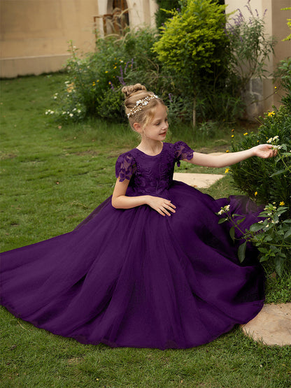 Robe Col Rond en Tulle pour Petite Fille d'Honneur avec Appliques et Nœud en Satin