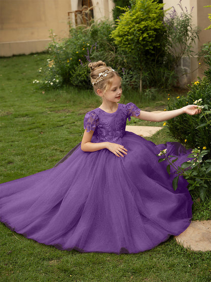 Robe Col Rond en Tulle pour Petite Fille d'Honneur avec Appliques et Nœud en Satin