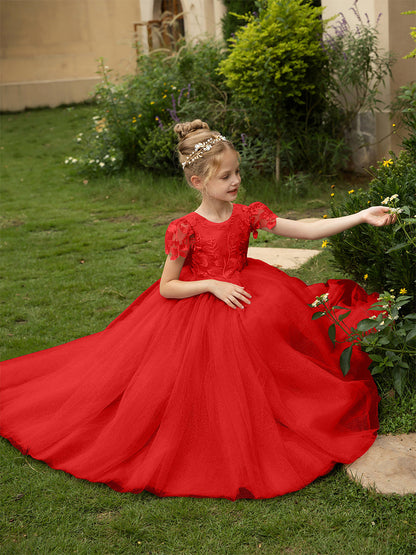 Robe Col Rond en Tulle pour Petite Fille d'Honneur avec Appliques et Nœud en Satin